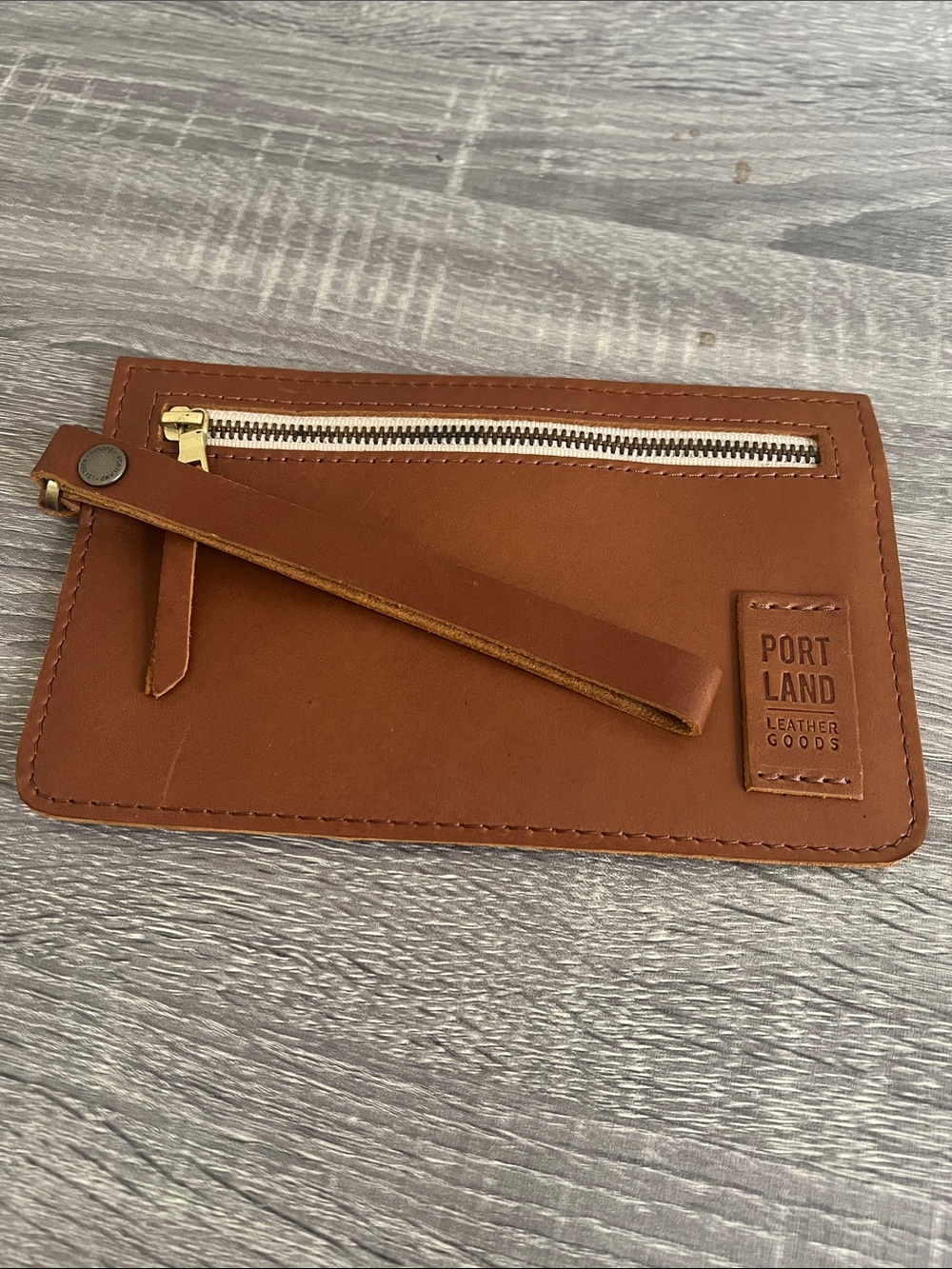 Portland Leather Goods Cognac Leather Wristlet Clutch Zip Pouch Handbag